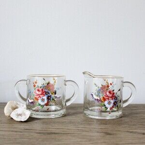 Vintage Floral Glass Cream and Sugar Bowl Set Cottage Granny Core Kitchen